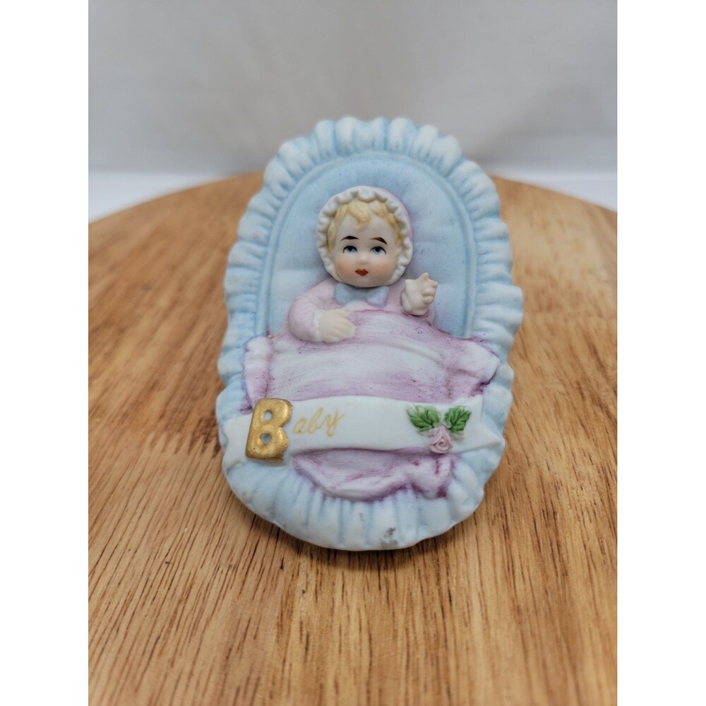 1983 Enesco Growing Up Birthday Girls Porcelain Blonde Baby in Basket Figurine